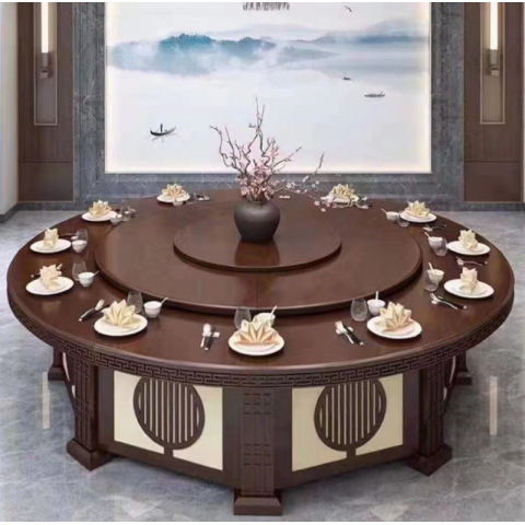 勝芳餐桌椅 酒店桌 圓桌 轉(zhuǎn)盤(pán)桌 實(shí)木旋轉(zhuǎn)大餐臺(tái) 火鍋?zhàn)?巖板圓桌 木質(zhì)家具 餐廳家具中式家具 金盾家具
