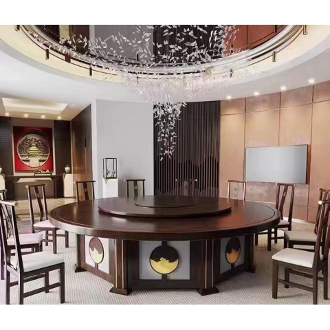 勝芳餐桌椅 酒店桌 圓桌 轉(zhuǎn)盤(pán)桌 實(shí)木旋轉(zhuǎn)大餐臺(tái) 火鍋?zhàn)?巖板圓桌 木質(zhì)家具 餐廳家具中式家具 金盾家具
