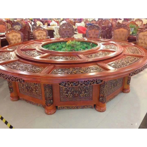 勝芳餐桌椅 酒店桌 圓桌 轉(zhuǎn)盤(pán)桌 實(shí)木旋轉(zhuǎn)大餐臺(tái) 火鍋?zhàn)?巖板圓桌 木質(zhì)家具 餐廳家具中式家具 金盾家具