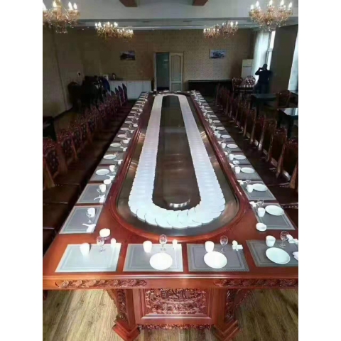 勝芳餐桌椅 酒店桌 圓桌 轉(zhuǎn)盤(pán)桌 實(shí)木旋轉(zhuǎn)大餐臺(tái) 火鍋?zhàn)?巖板圓桌 木質(zhì)家具 餐廳家具中式家具 金盾家具