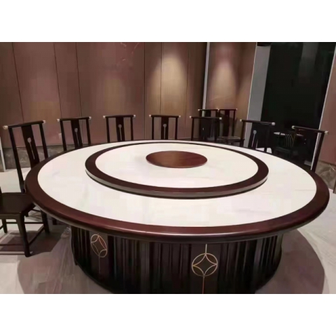 勝芳餐桌椅 酒店桌 圓桌 轉(zhuǎn)盤桌 實木旋轉(zhuǎn)大餐臺 火鍋桌 巖板圓桌 木質(zhì)家具 餐廳家具中式家具 金盾家具