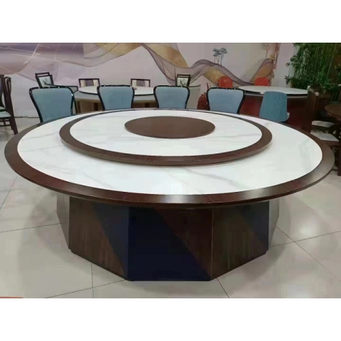 勝芳餐桌椅 酒店桌 圓桌 轉(zhuǎn)盤桌 實木旋轉(zhuǎn)大餐臺 火鍋桌 巖板圓桌 木質(zhì)家具 餐廳家具中式家具 金盾家具